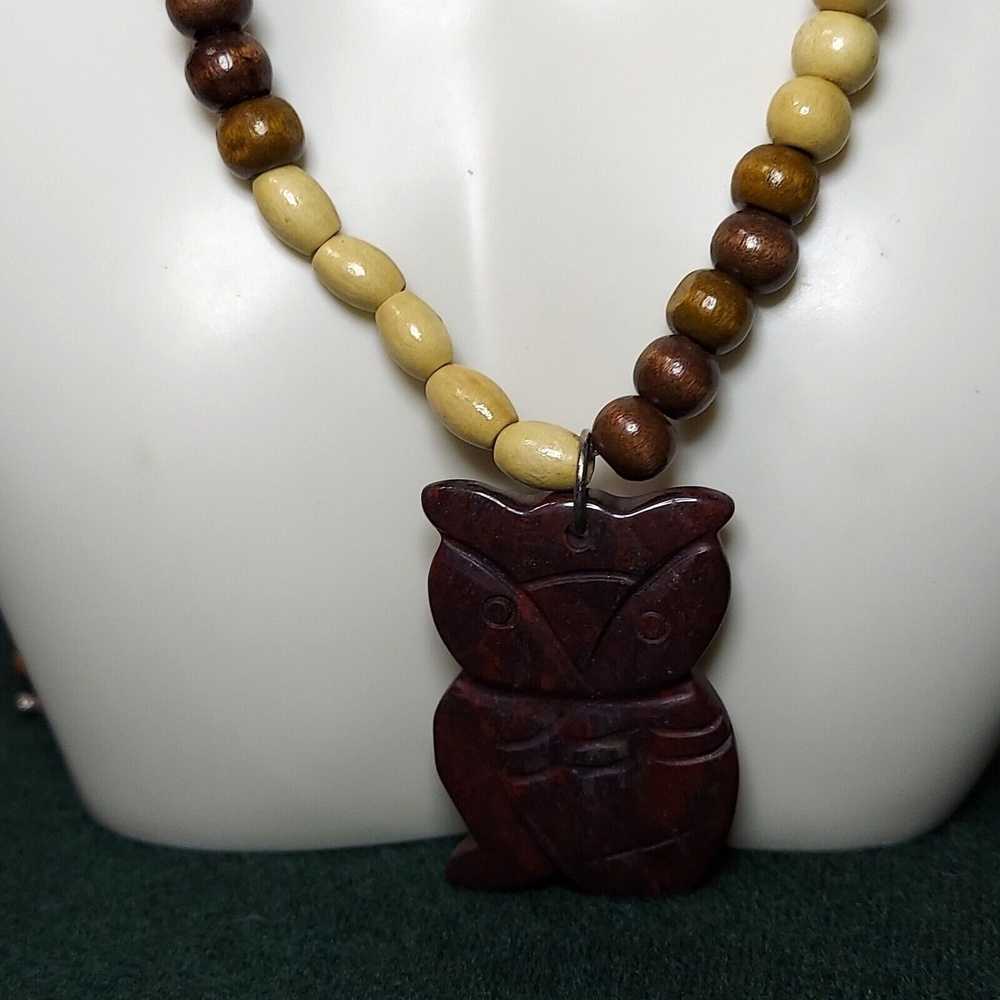 Necklace Wooden beads w/ Carved Owl Toggle closure 36"